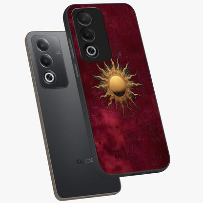 Golden Sun Minimalism Glass Case displayed in angled mockup highlighting clean sun symbol design with modern minimal aesthetic.