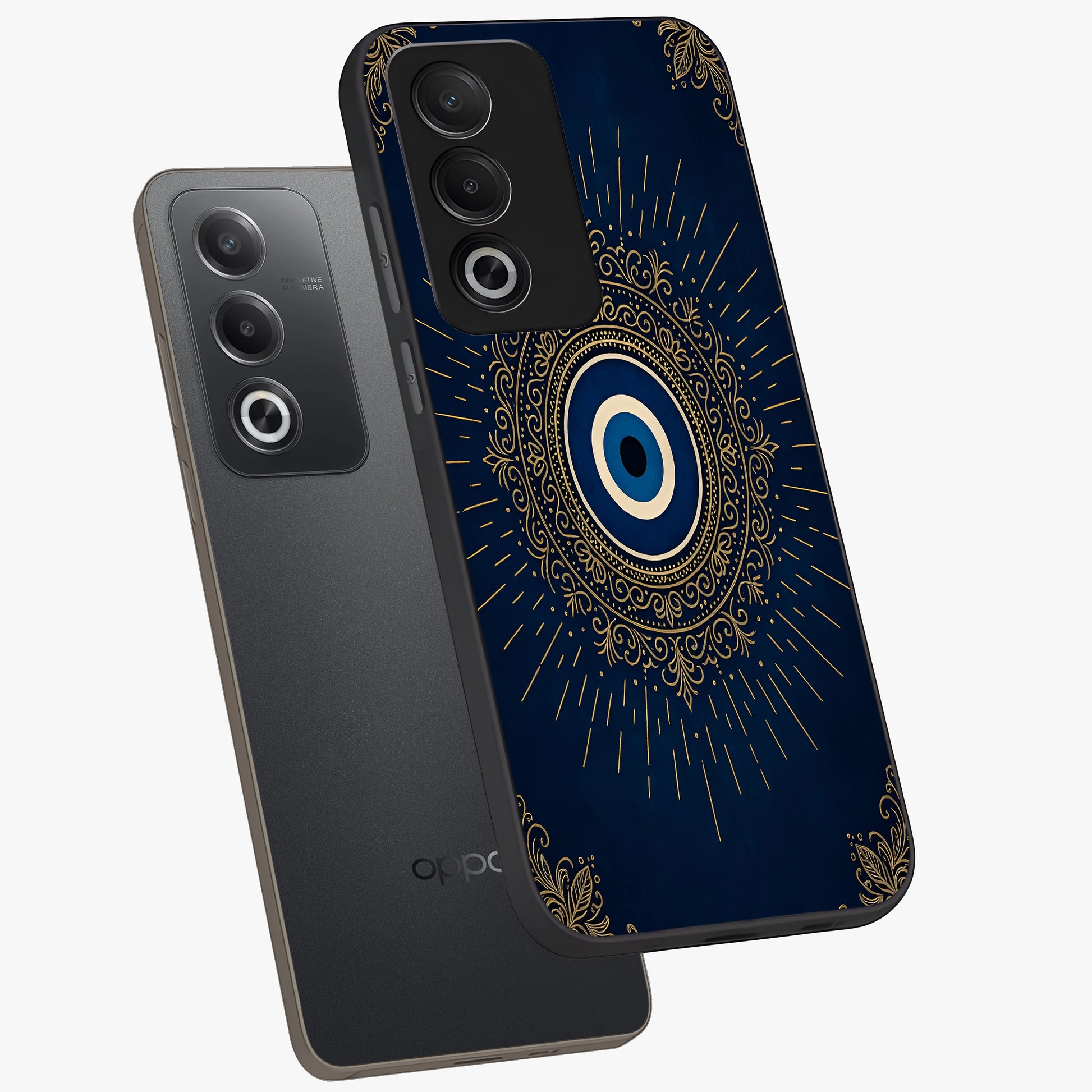 Golden Celestial Charm Glass Case displayed in angled mockup highlighting sparkling cosmic charm design with celestial aesthetic.