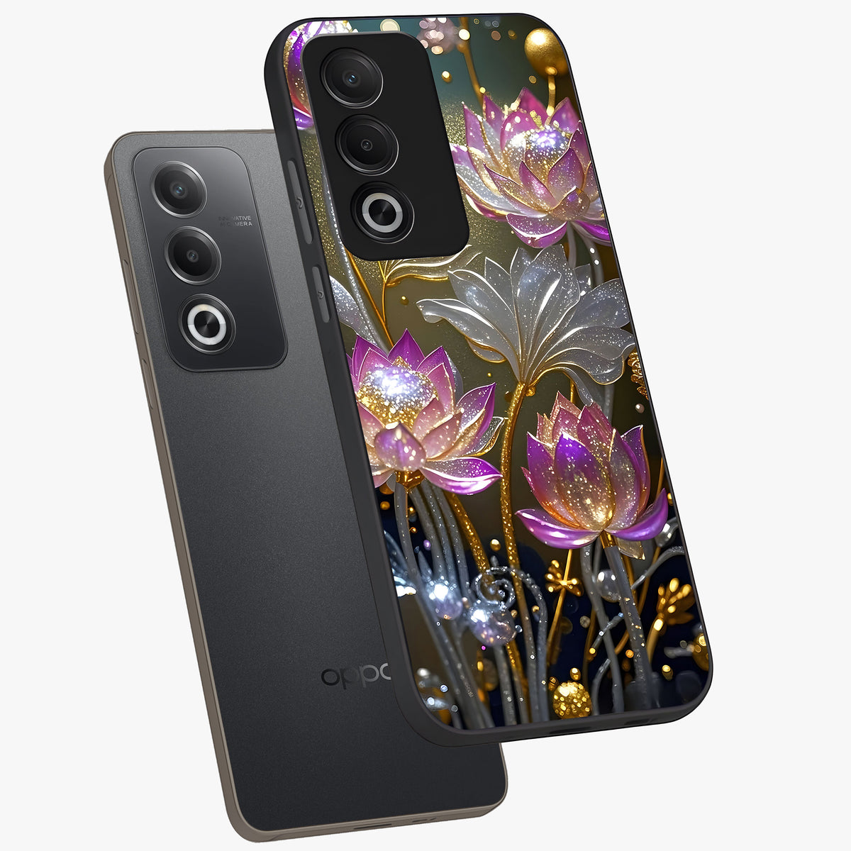 Golden Floral Majesty Glass Case displayed in angled mockup highlighting elegant flower design with royal golden aesthetic.