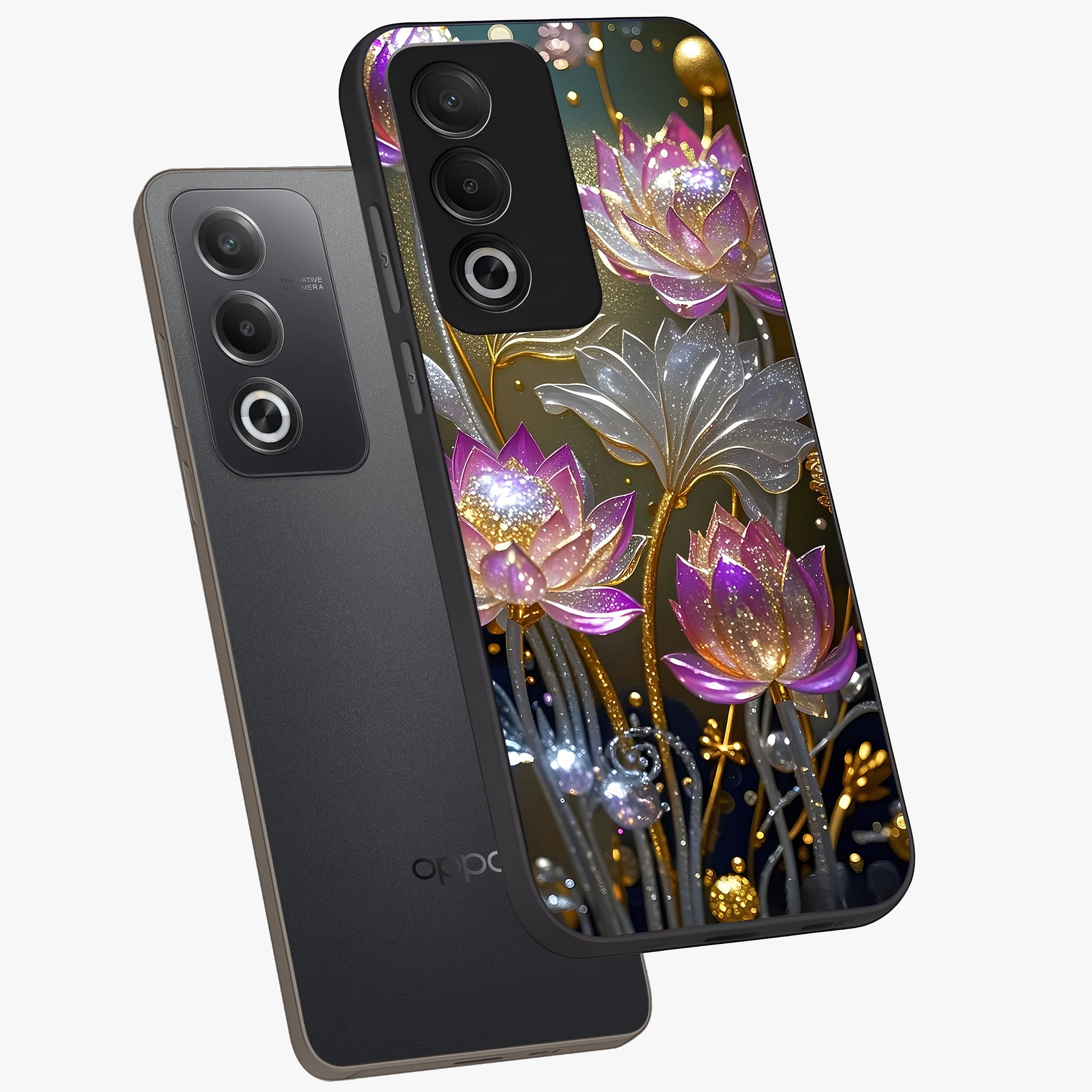 Golden Floral Majesty Glass Case displayed in angled mockup highlighting elegant flower design with royal golden aesthetic.