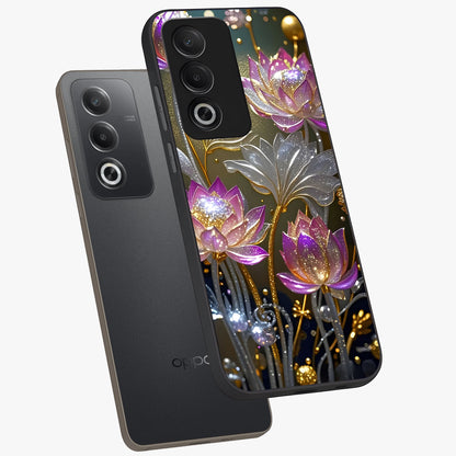 Golden Floral Majesty Glass Case displayed in angled mockup highlighting elegant flower design with royal golden aesthetic.