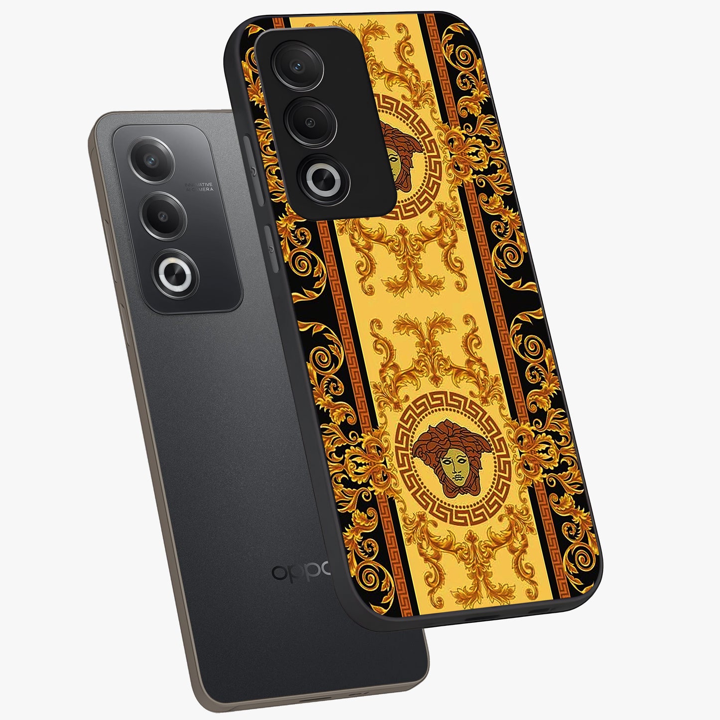 Golden Lotus Glow Glass Case displayed in angled mockup highlighting radiant lotus illustration with spiritual aesthetic.