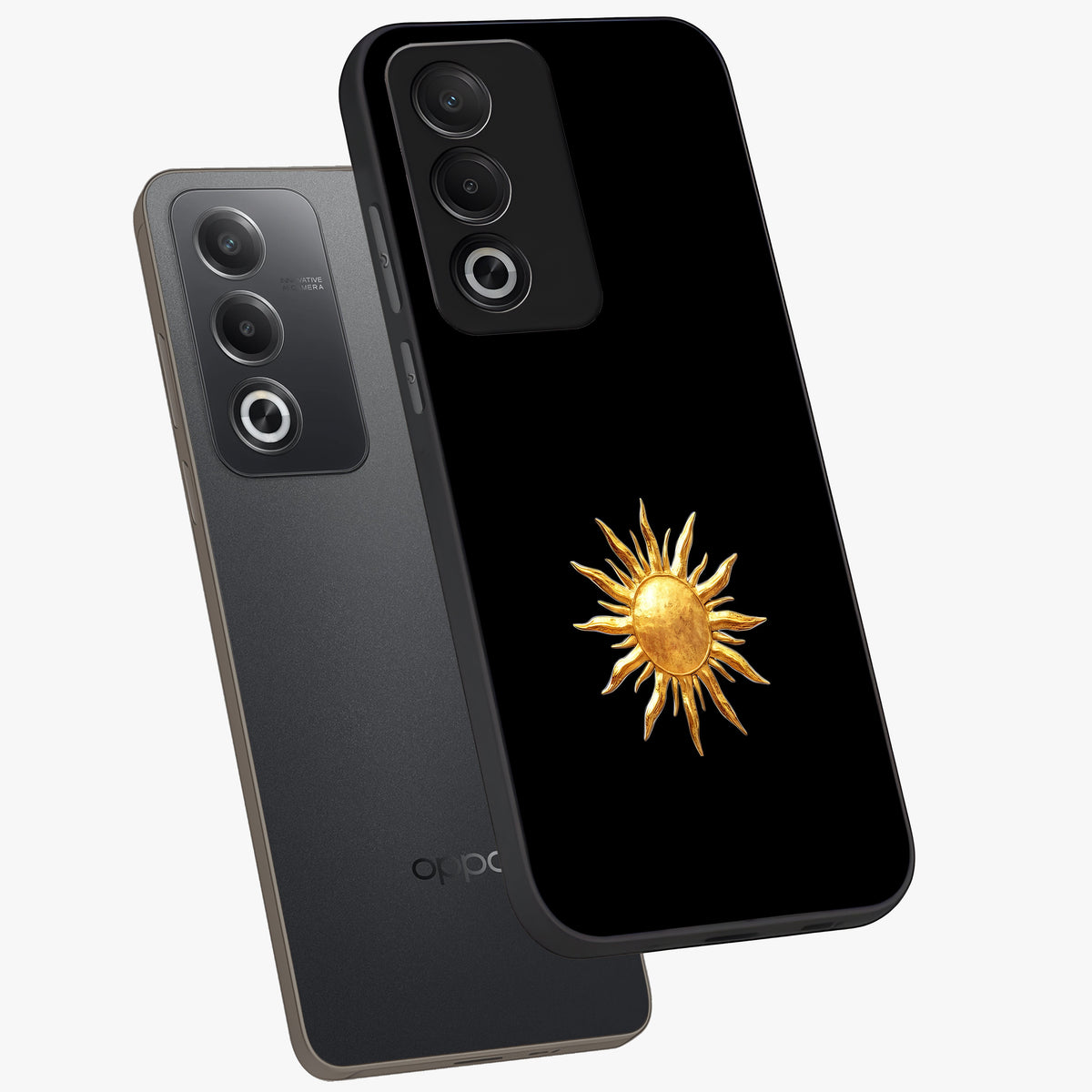 Golden Sun Minimalism Glass Case displayed in angled mockup highlighting eerie shadow illustration with gothic aesthetic.