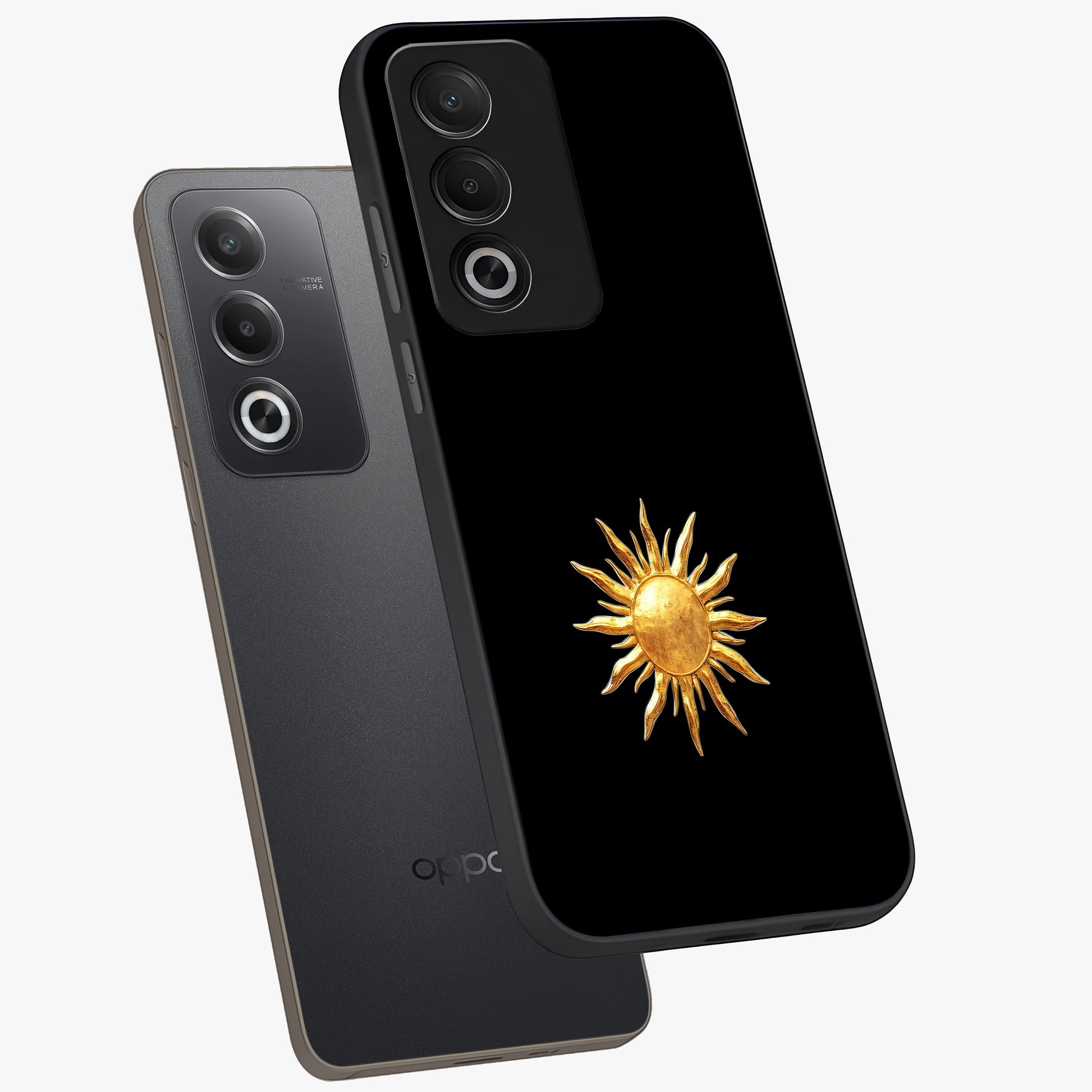 Golden Sun Minimalism Glass Case displayed in angled mockup highlighting eerie shadow illustration with gothic aesthetic.