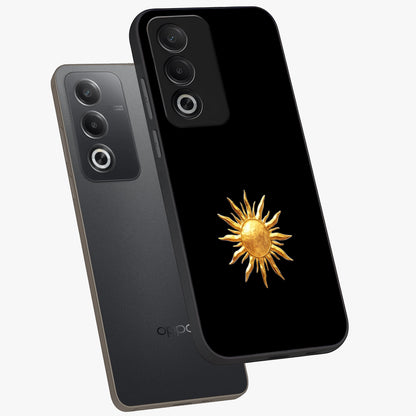 Golden Sun Minimalism Glass Case displayed in angled mockup highlighting eerie shadow illustration with gothic aesthetic.