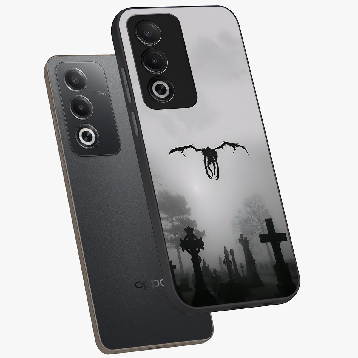Graveyard Shadow Descent Glass Case displayed in angled mockup highlighting eerie shadow illustration with gothic aesthetic.