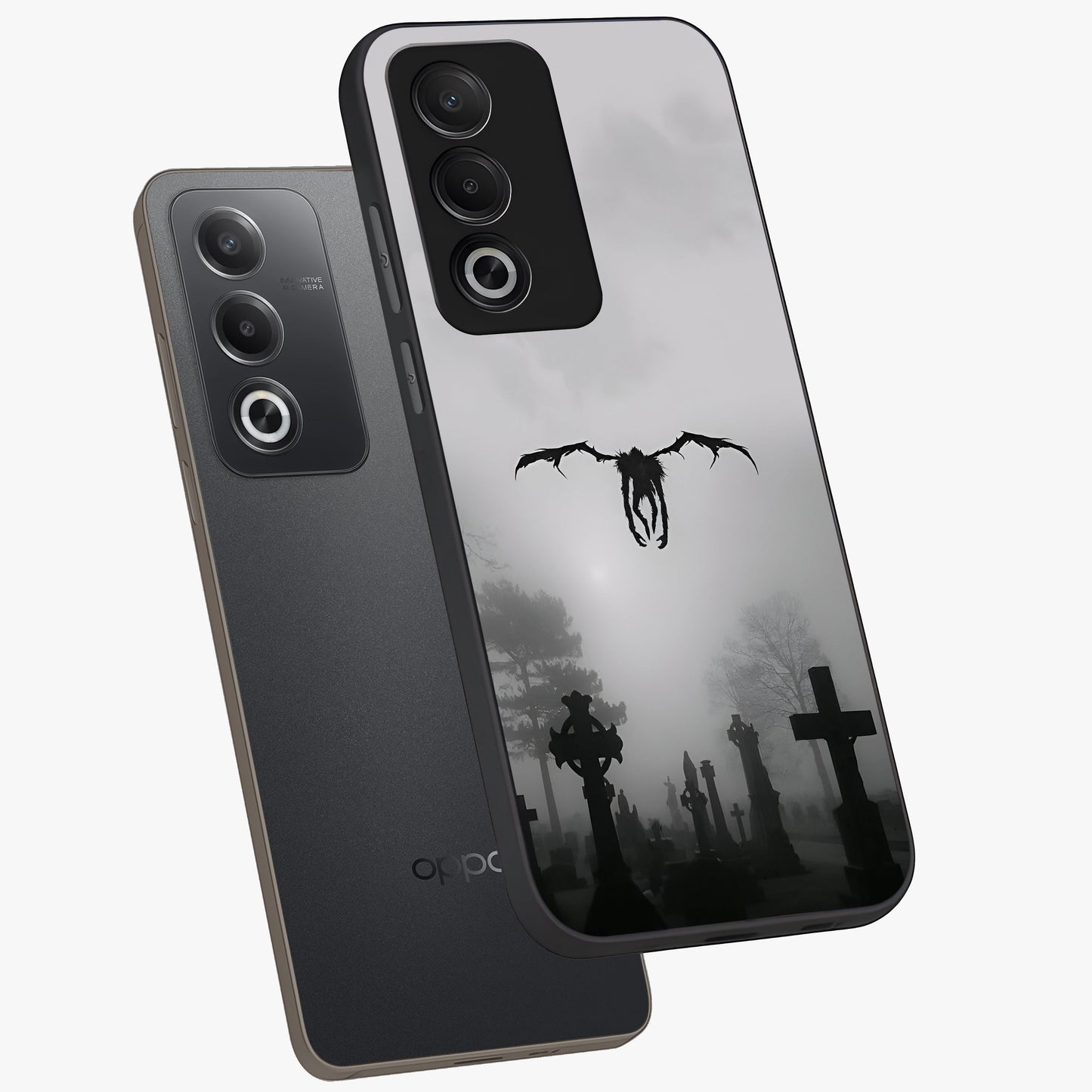 Graveyard Shadow Descent Glass Case displayed in angled mockup highlighting eerie shadow illustration with gothic aesthetic.