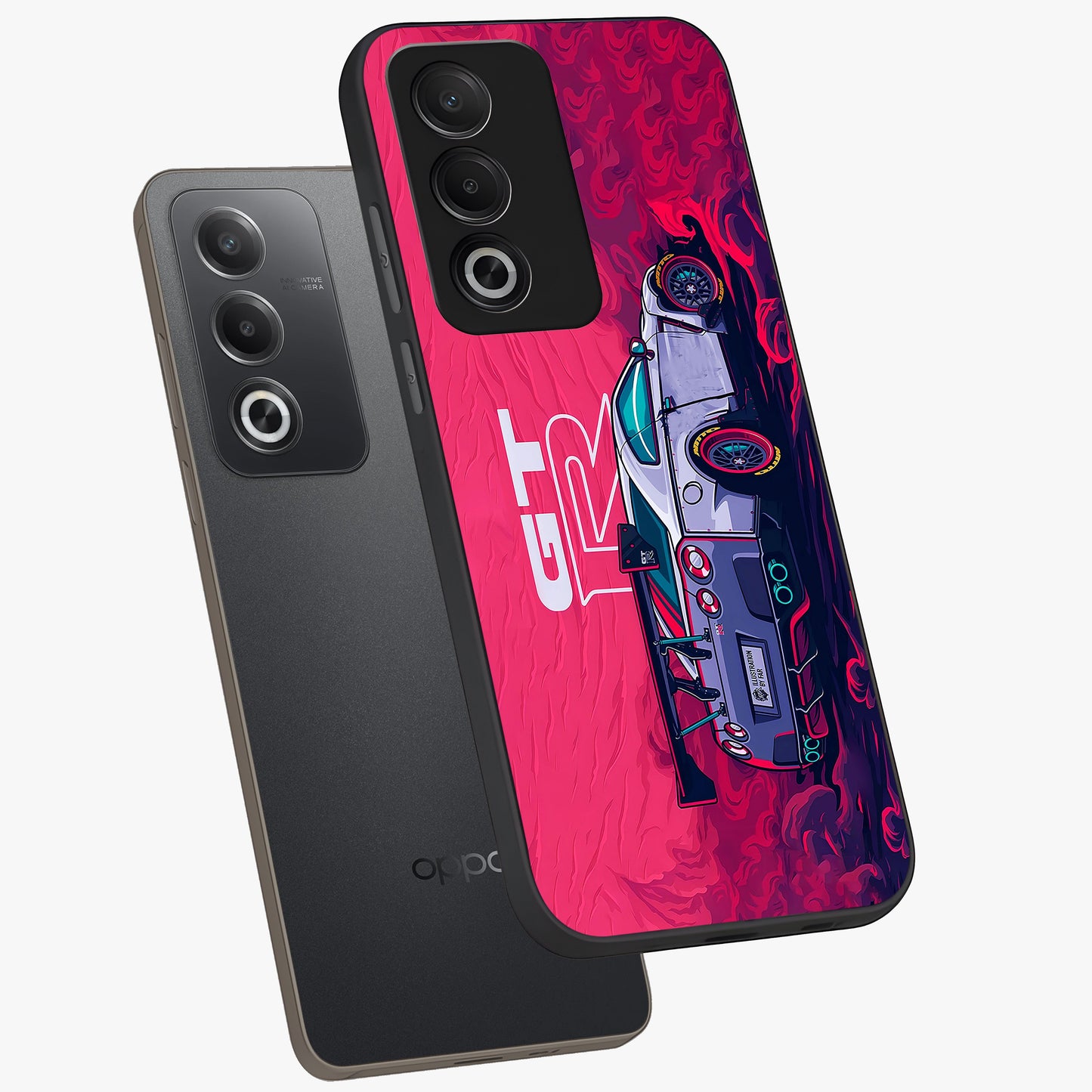 GT-R Car Pattern Glass Case displayed in angled mockup highlighting racing car graphic design with bold automotive aesthetic.
