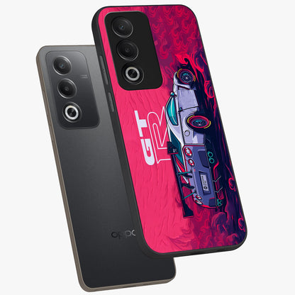 GT-R Car Pattern Glass Case displayed in angled mockup highlighting racing car graphic design with bold automotive aesthetic.