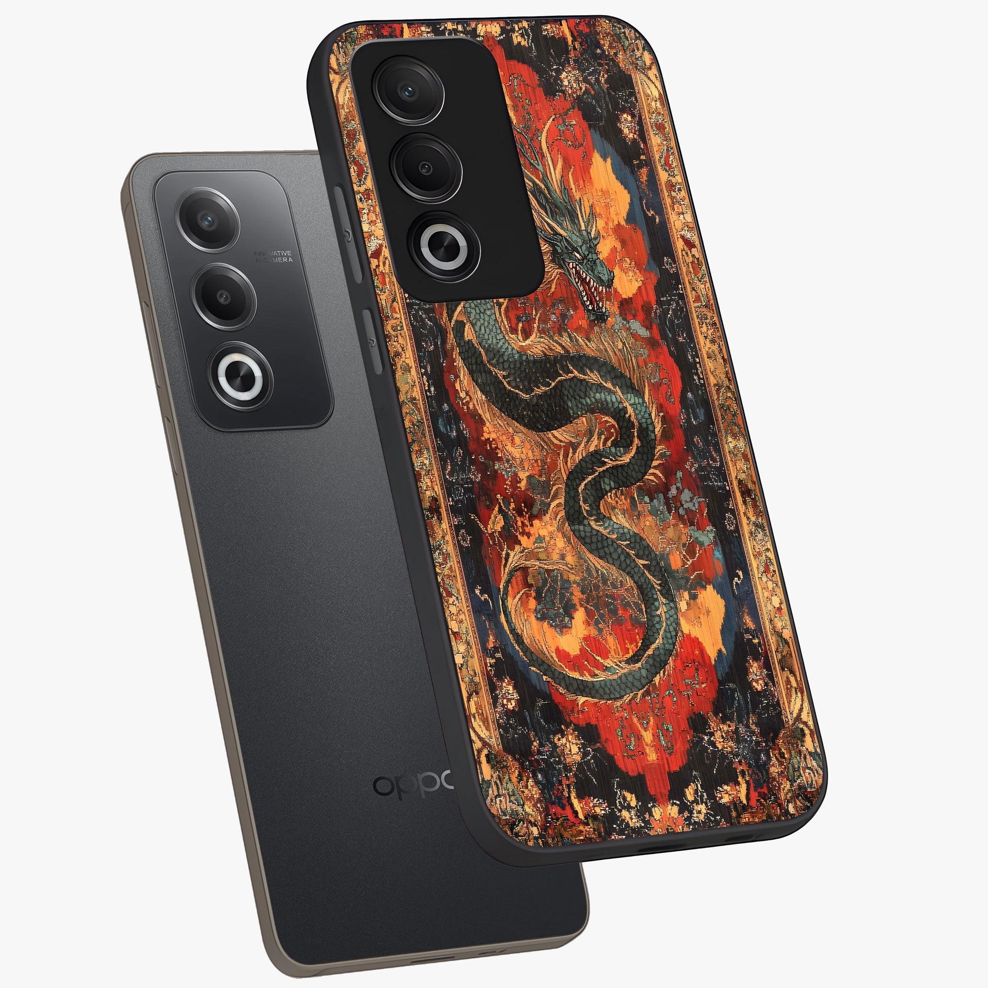 Inferno Dragon Soul Glass Case displayed in angled mockup highlighting powerful dragon illustration with inferno aesthetic.