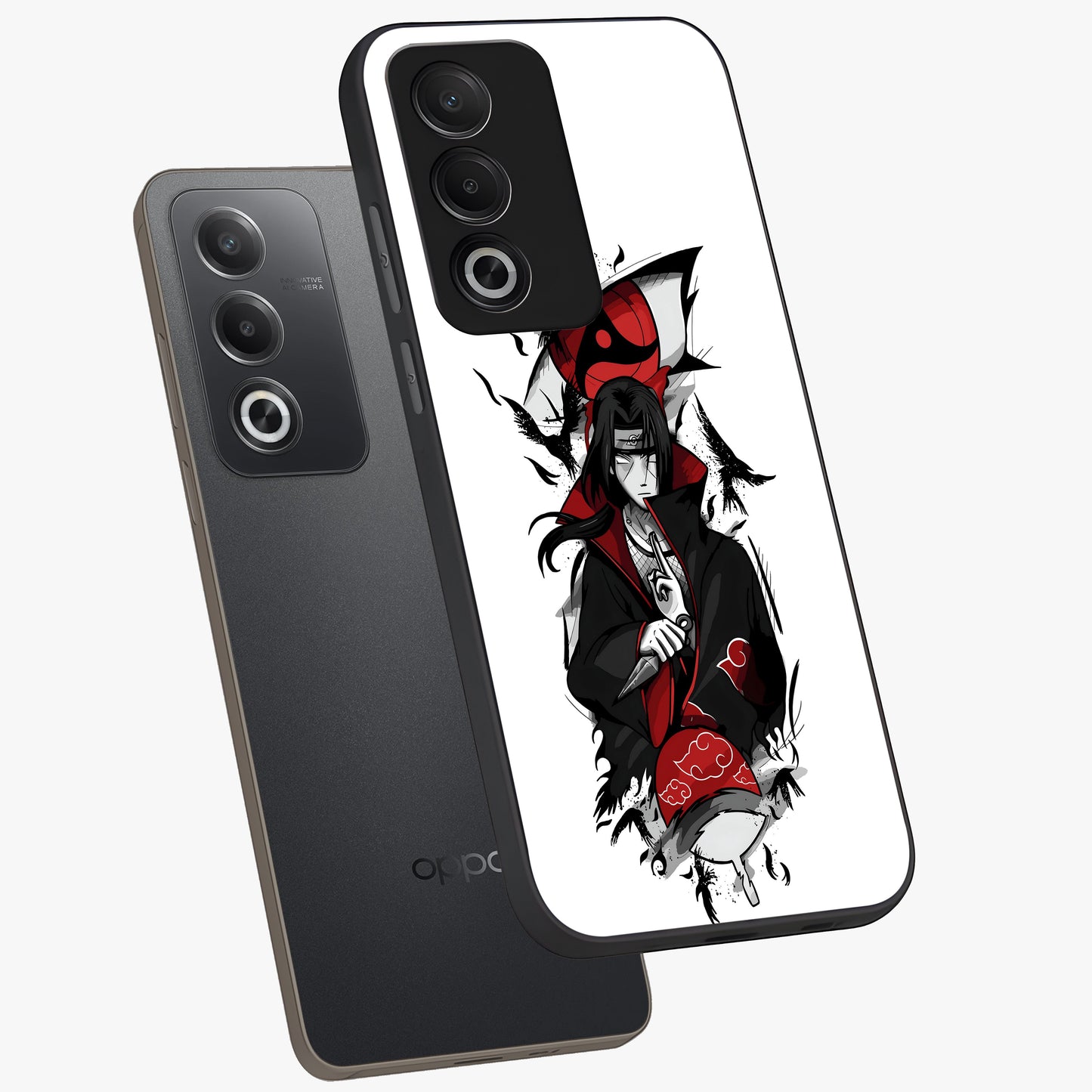 Itachi Limited Edition Naruto Anime Glass Case displayed in angled mockup highlighting dramatic anime illustration with bold action aesthetic.