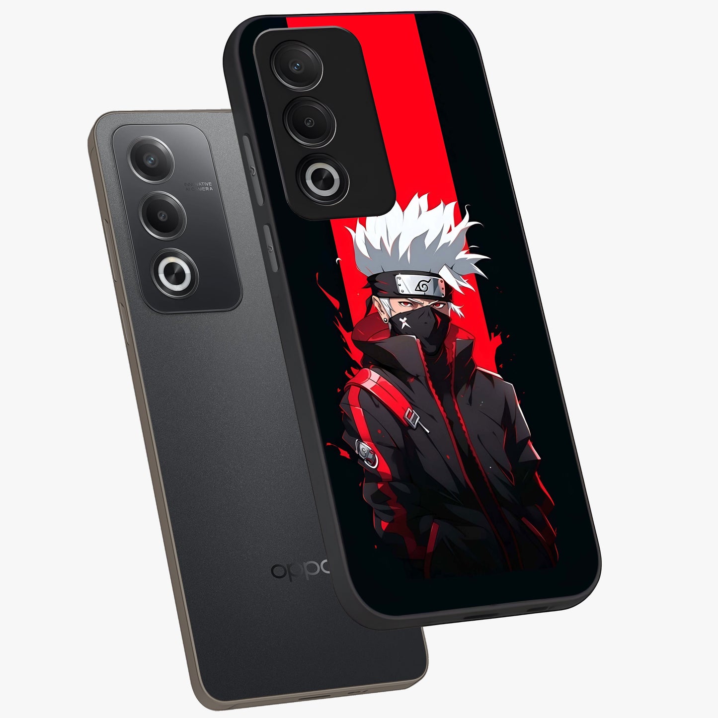Kakashi Scarlet Shadow Glass Case displayed in angled mockup highlighting dramatic ninja illustration with scarlet themed aesthetic.