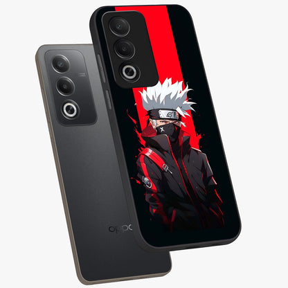 Kakashi Scarlet Shadow Glass Case displayed in angled mockup highlighting dramatic ninja illustration with scarlet themed aesthetic.