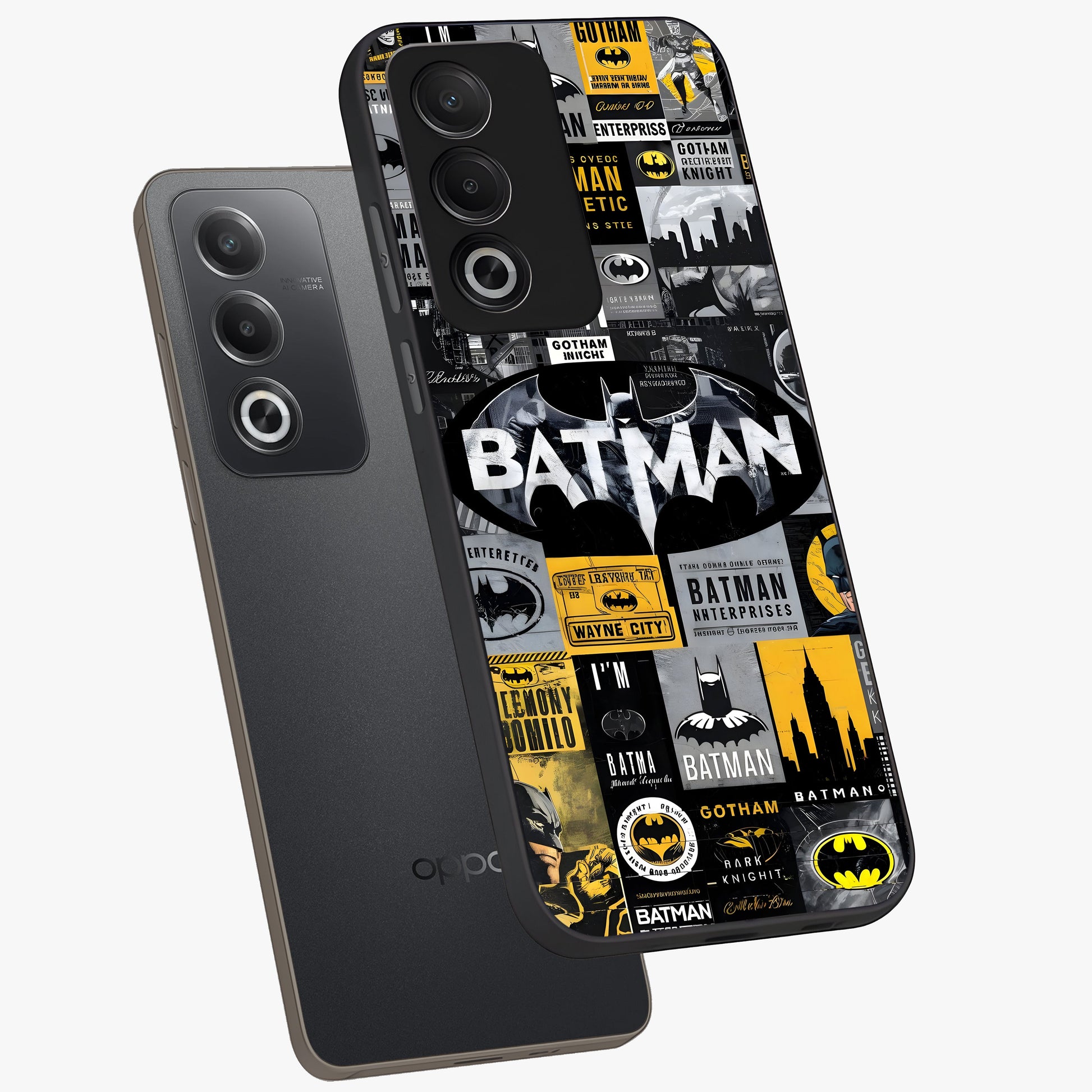Knight Gotham Rise Glass Case displayed in angled mockup highlighting powerful knight silhouette design with dramatic aesthetic.