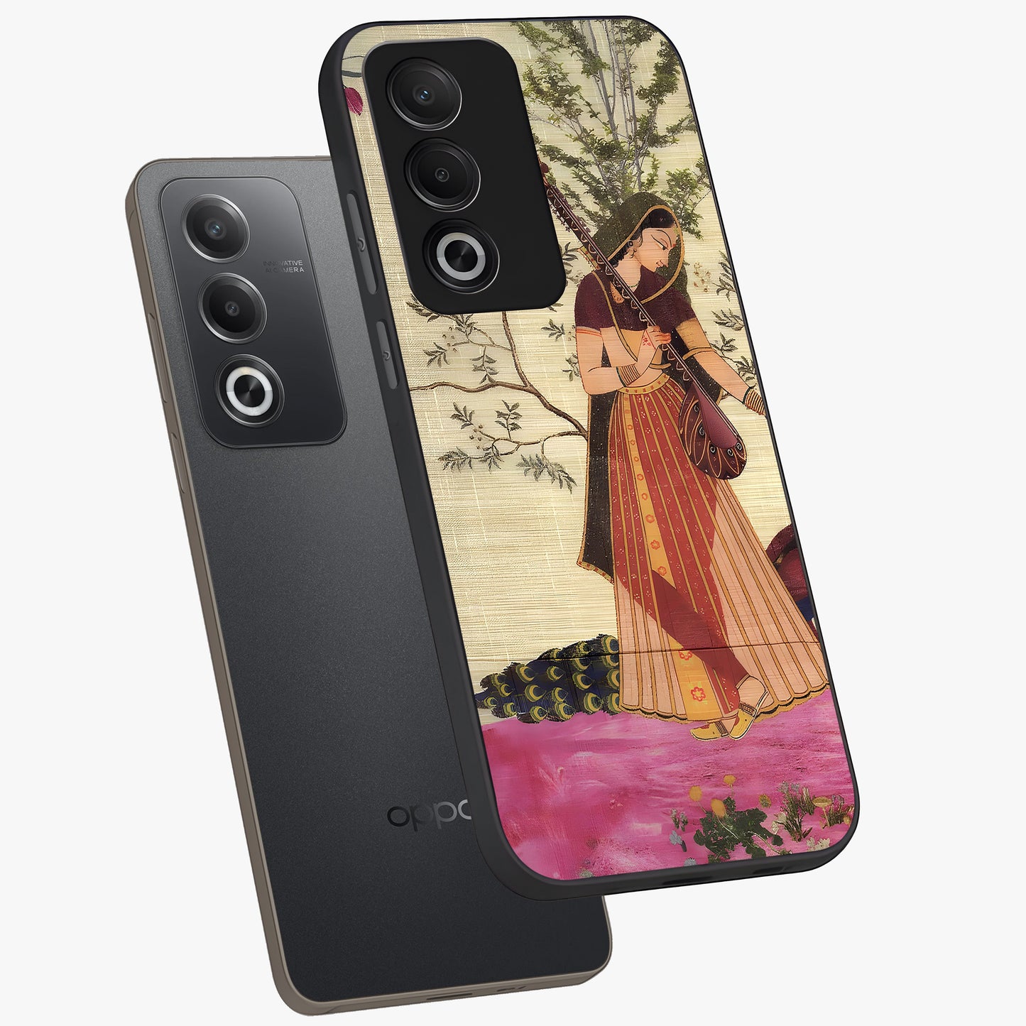 Lady With Veena Art Glass Case displayed in angled mockup highlighting graceful musical illustration with cultural artistic aesthetic.