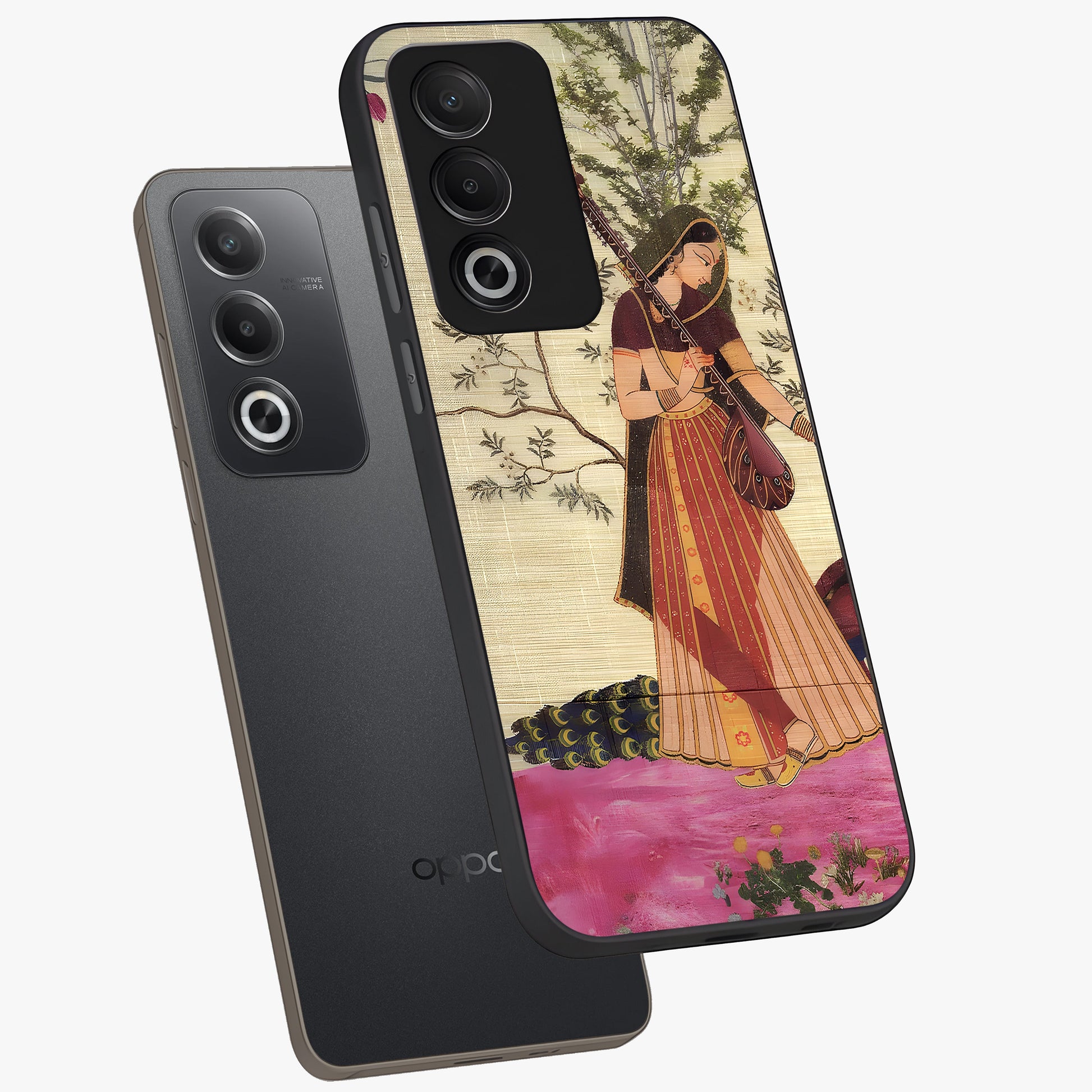 Lady With Veena Art Glass Case displayed in angled mockup highlighting graceful musical illustration with cultural artistic aesthetic.
