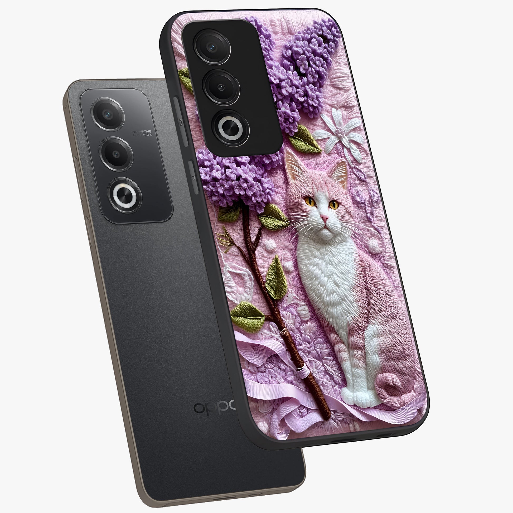 Lavender Cat Whimsy Glass Case displayed in angled mockup highlighting playful feline illustration with pastel lavender aesthetic.