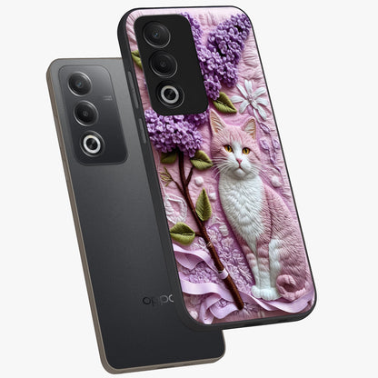 Lavender Cat Whimsy Glass Case displayed in angled mockup highlighting playful feline illustration with pastel lavender aesthetic.