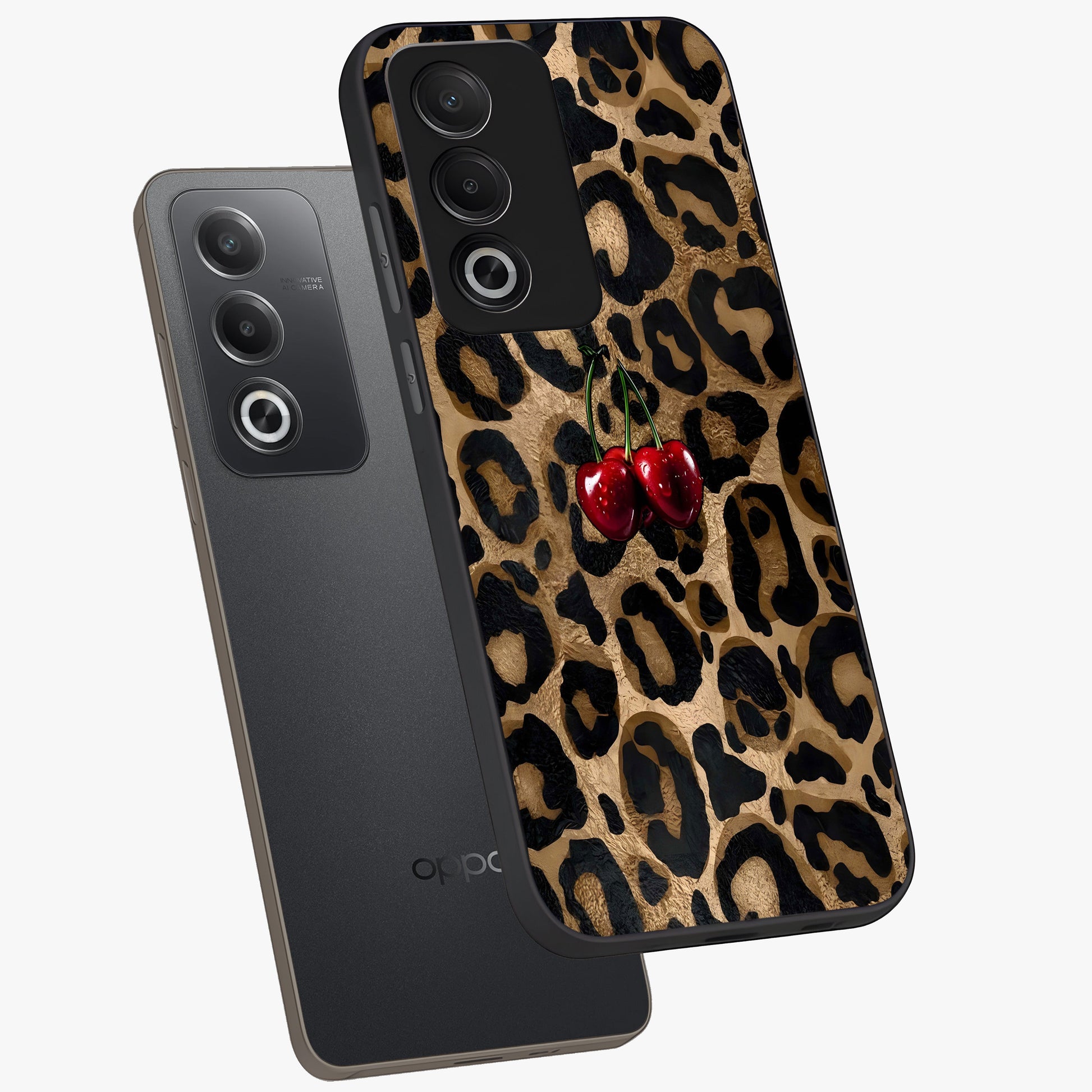Leopard Wild Cherry Glass Case displayed in angled mockup highlighting bold animal print design with playful cherry aesthetic.