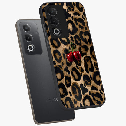 Leopard Wild Cherry Glass Case displayed in angled mockup highlighting bold animal print design with playful cherry aesthetic.