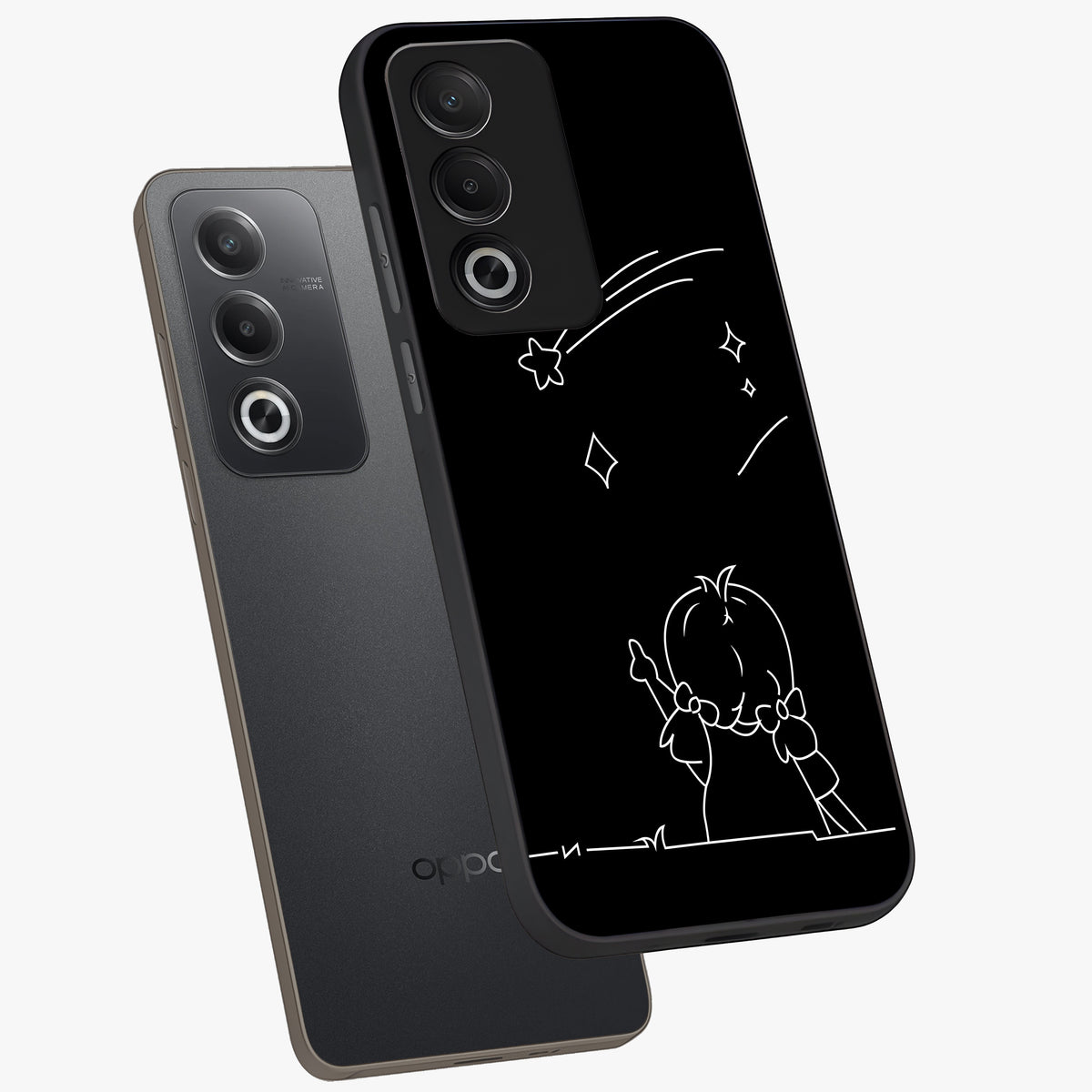 Line Art Girl With Shooting Stars Glass Case displayed in angled mockup highlighting elegant line art design with dreamy star aesthetic.
