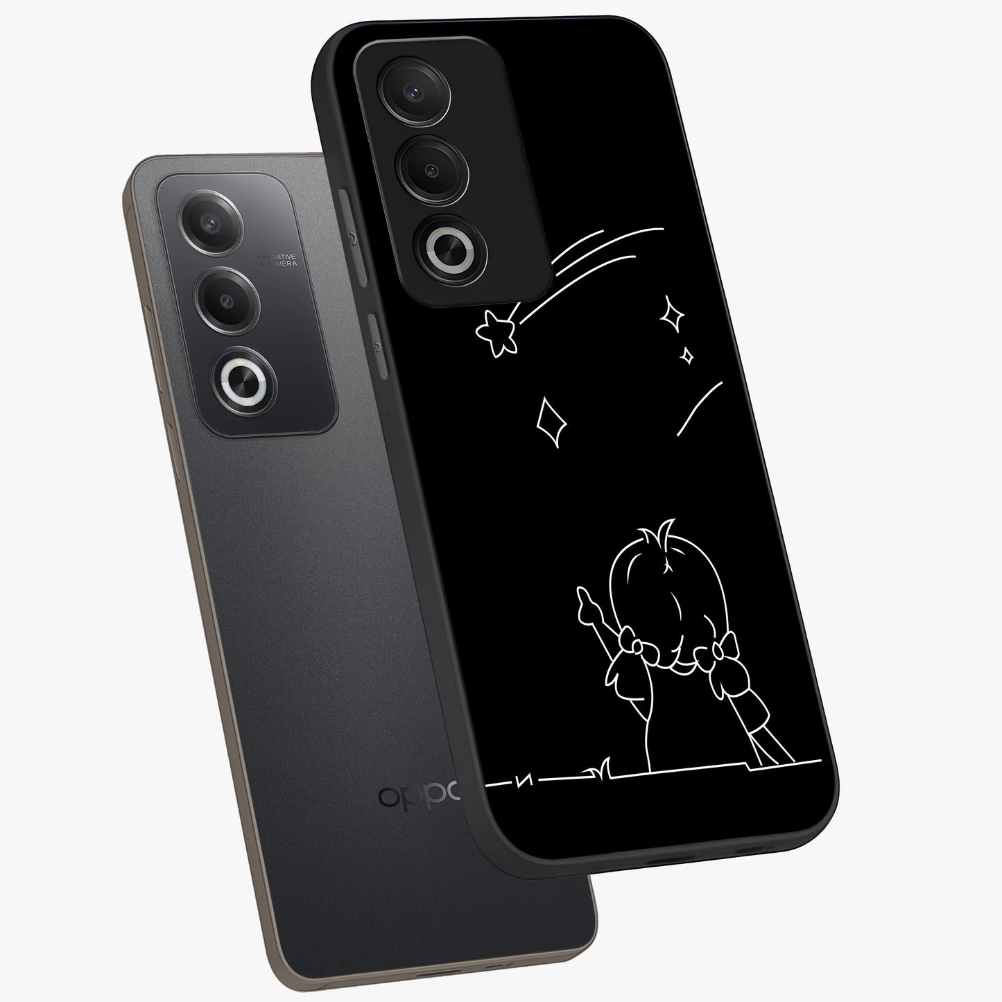 Line Art Girl With Shooting Stars Glass Case displayed in angled mockup highlighting elegant line art design with dreamy star aesthetic.