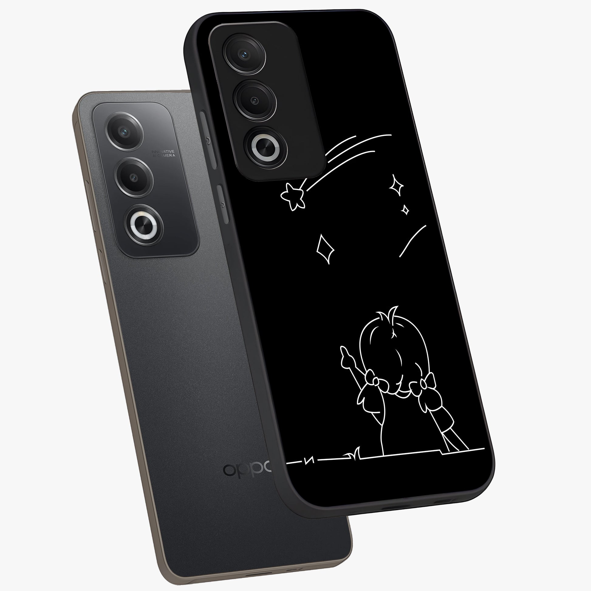 Line Art Girl With Shooting Stars Glass Case displayed in angled mockup highlighting elegant line art design with dreamy star aesthetic.