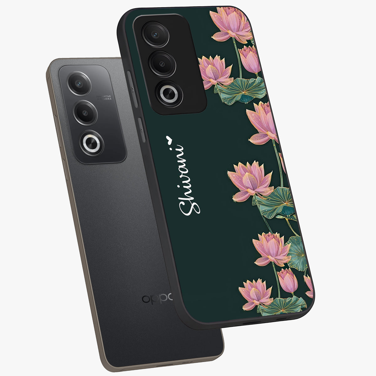 Lotus Bloom Serenity Custom Name Glass Case displayed in angled mockup highlighting graceful lotus illustration with custom name feature.