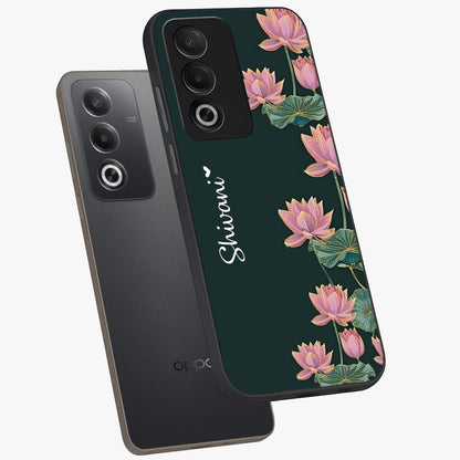 Lotus Bloom Serenity Custom Name Glass Case displayed in angled mockup highlighting graceful lotus illustration with custom name feature.