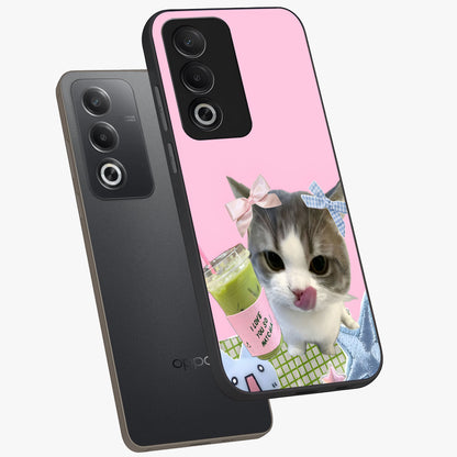Love Matcha Cat Glass Case displayed in angled mockup highlighting playful feline illustration with cozy matcha aesthetic.