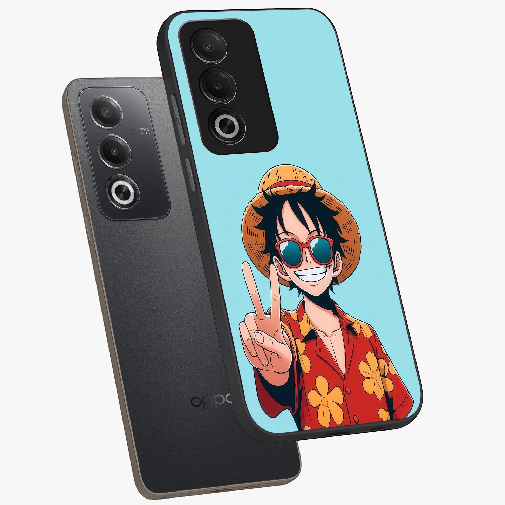 Luffy Summer Anime Vibe Glass Case displayed in angled mockup highlighting energetic anime illustration with summer vibe aesthetic.