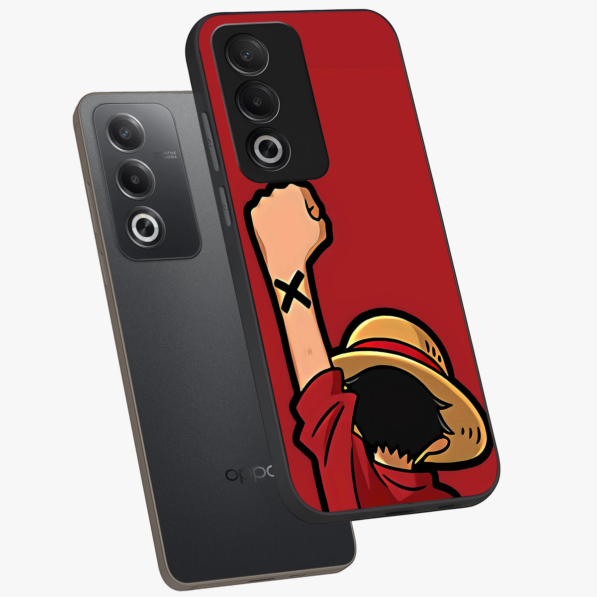 Luffy X Spirit Glass Case displayed in angled mockup highlighting powerful anime design with energetic action aesthetic.