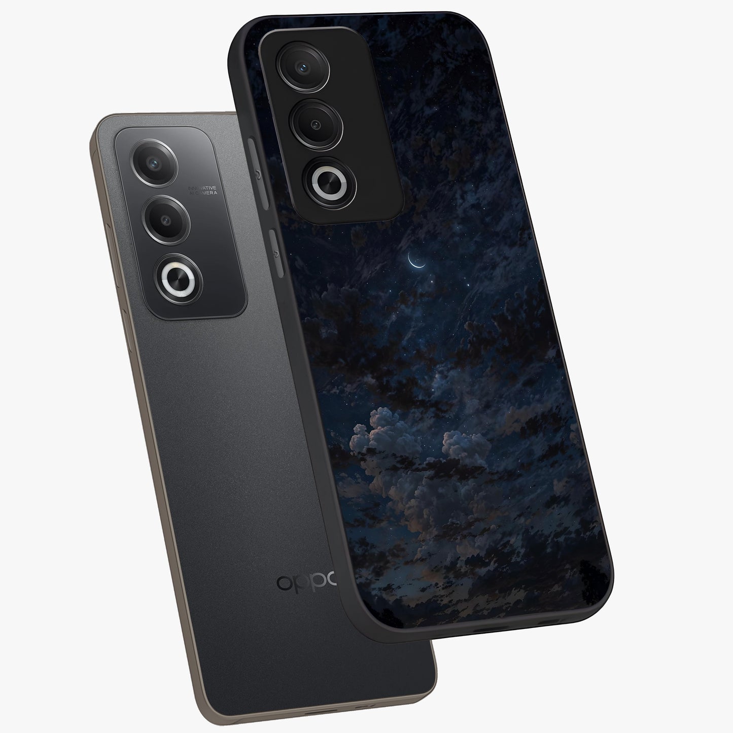 Lunar Veil Silence Glass Case displayed in angled mockup highlighting soft lunar design with peaceful celestial aesthetic.
