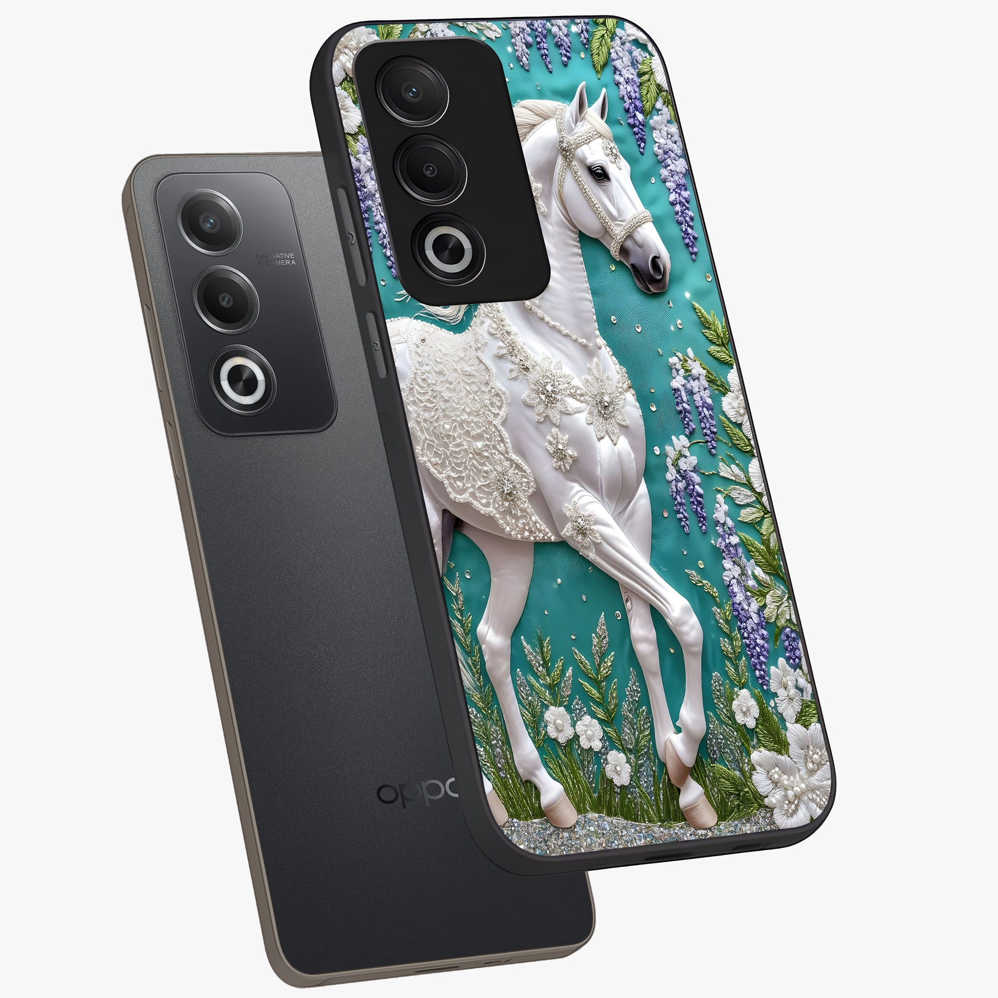 Majestic Floral Stallion Glass Case displayed in angled mockup highlighting majestic stallion illustration with elegant floral aesthetic.