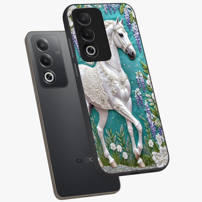Majestic Floral Stallion Glass Case displayed in angled mockup highlighting majestic stallion illustration with elegant floral aesthetic.