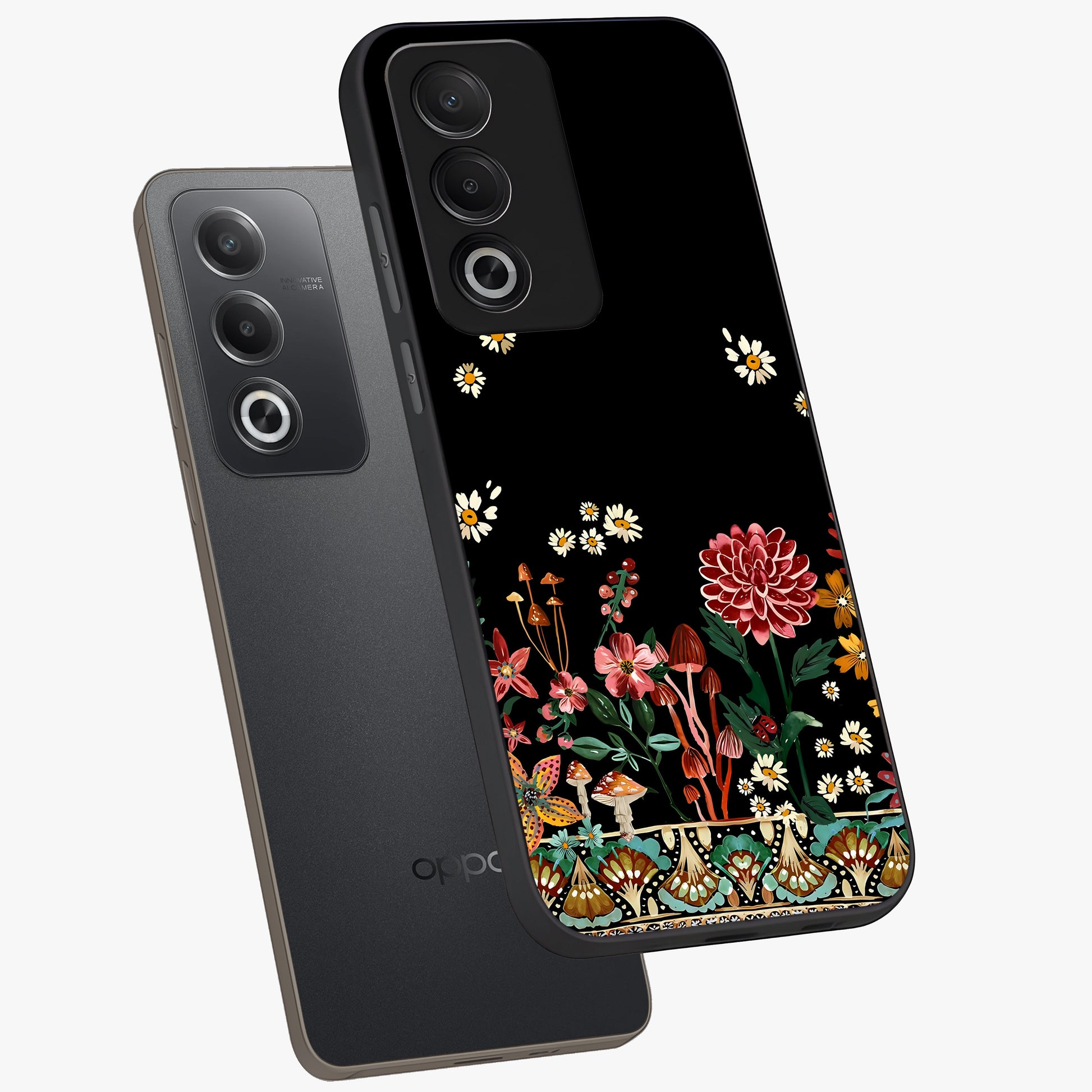 Midnight Bloom Pattern Glass Case displayed in angled mockup highlighting elegant flower design with midnight aesthetic style.
