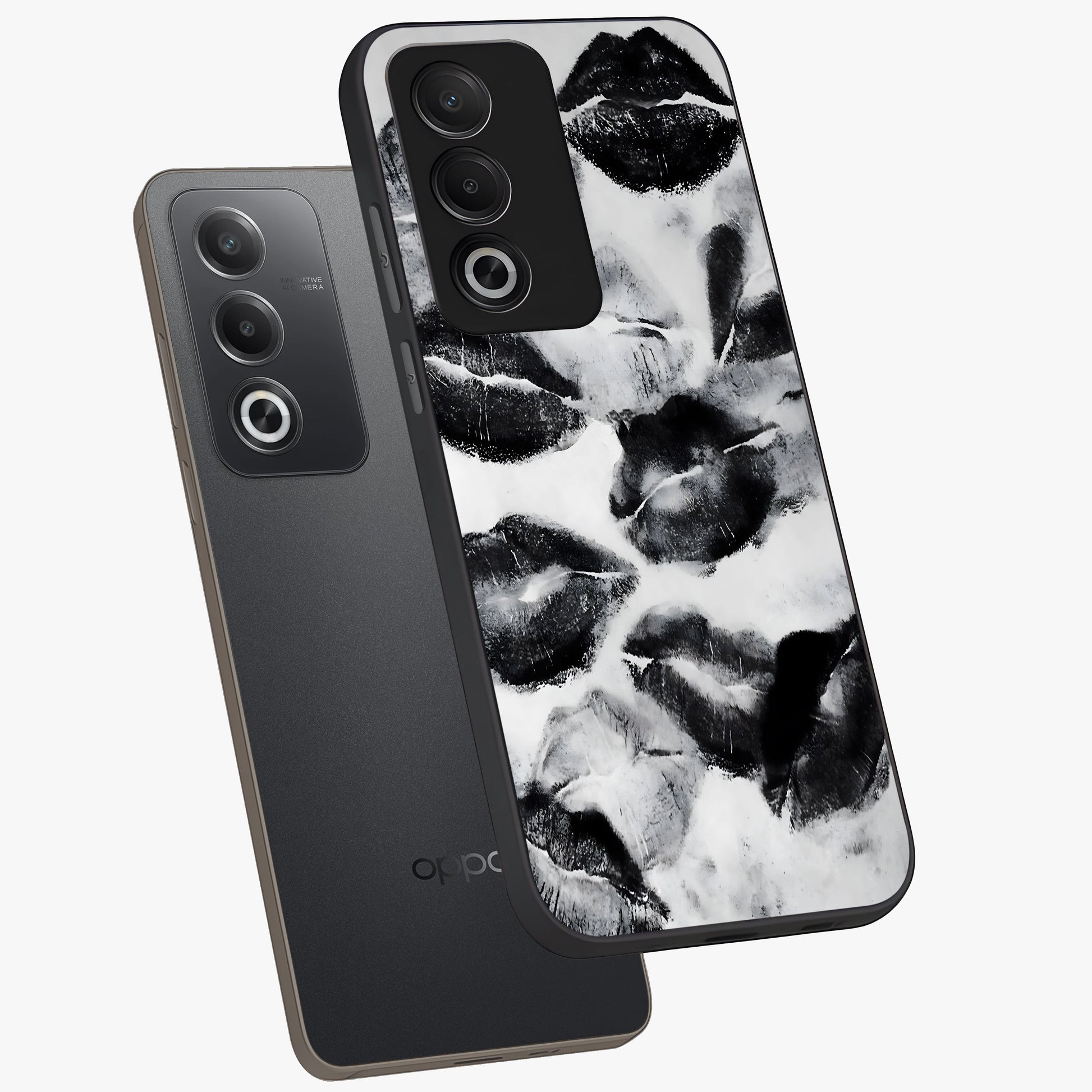 Midnight Kiss Marks Glass Case displayed in angled mockup highlighting playful romantic design with bold midnight aesthetic.