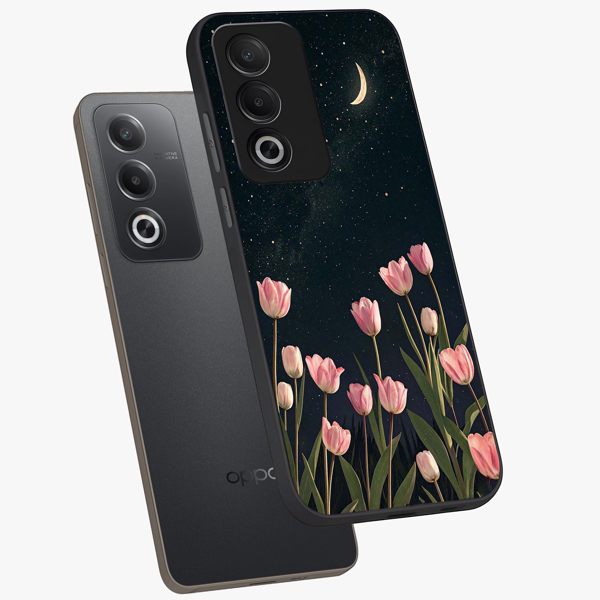 Midnight Tulip Whispers Vibe Glass Case displayed in angled mockup highlighting delicate tulip design with midnight floral aesthetic.