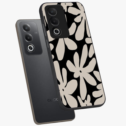 Monochrome Petal Dance Glass Case displayed in angled mockup highlighting elegant petal design with black and white aesthetic.