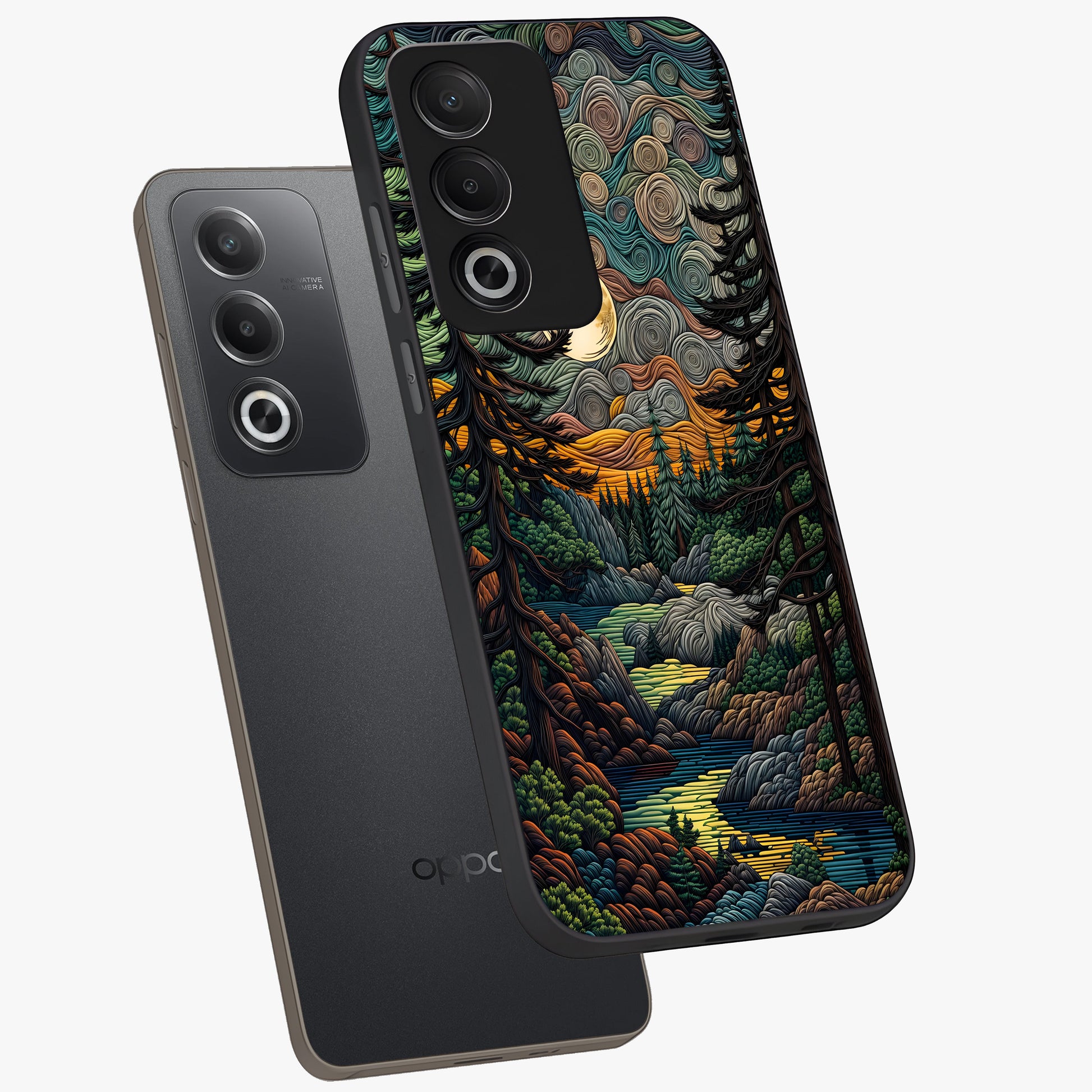 Moonlight Forest Dream Glass Case displayed in angled mockup highlighting dreamy forest design with glowing moon aesthetic.