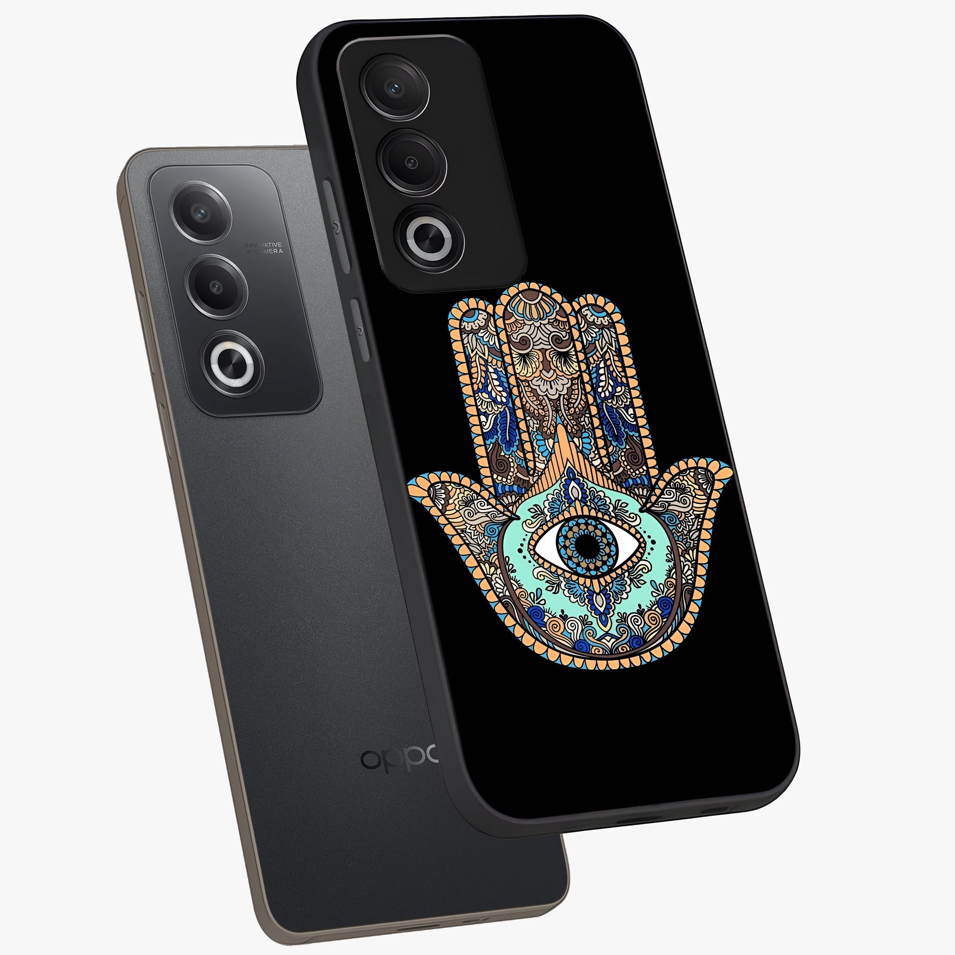 Mystic Hamsa Eye Glass Case displayed in angled mockup highlighting spiritual hamsa symbol with mystical aesthetic style.