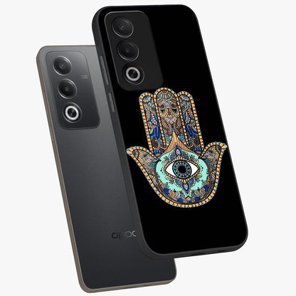 Mystic Hamsa Eye Glass Case displayed in angled mockup highlighting spiritual hamsa symbol with mystical aesthetic style.