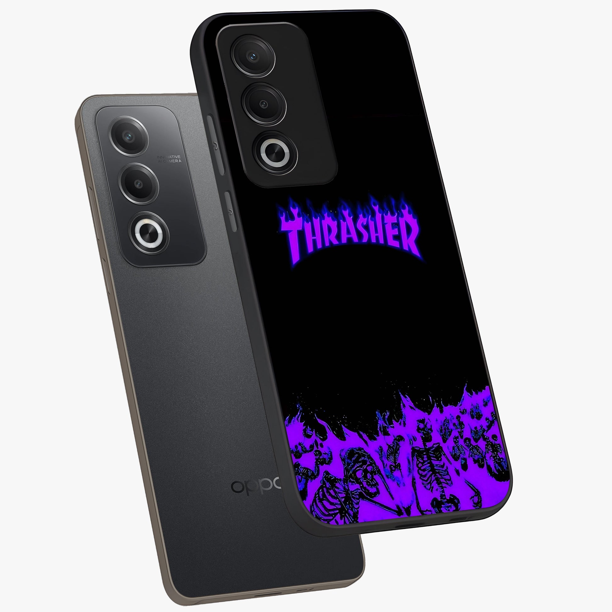 Neon Flame Riot Glass Case displayed in angled mockup highlighting glowing flame design with vibrant neon aesthetic.
