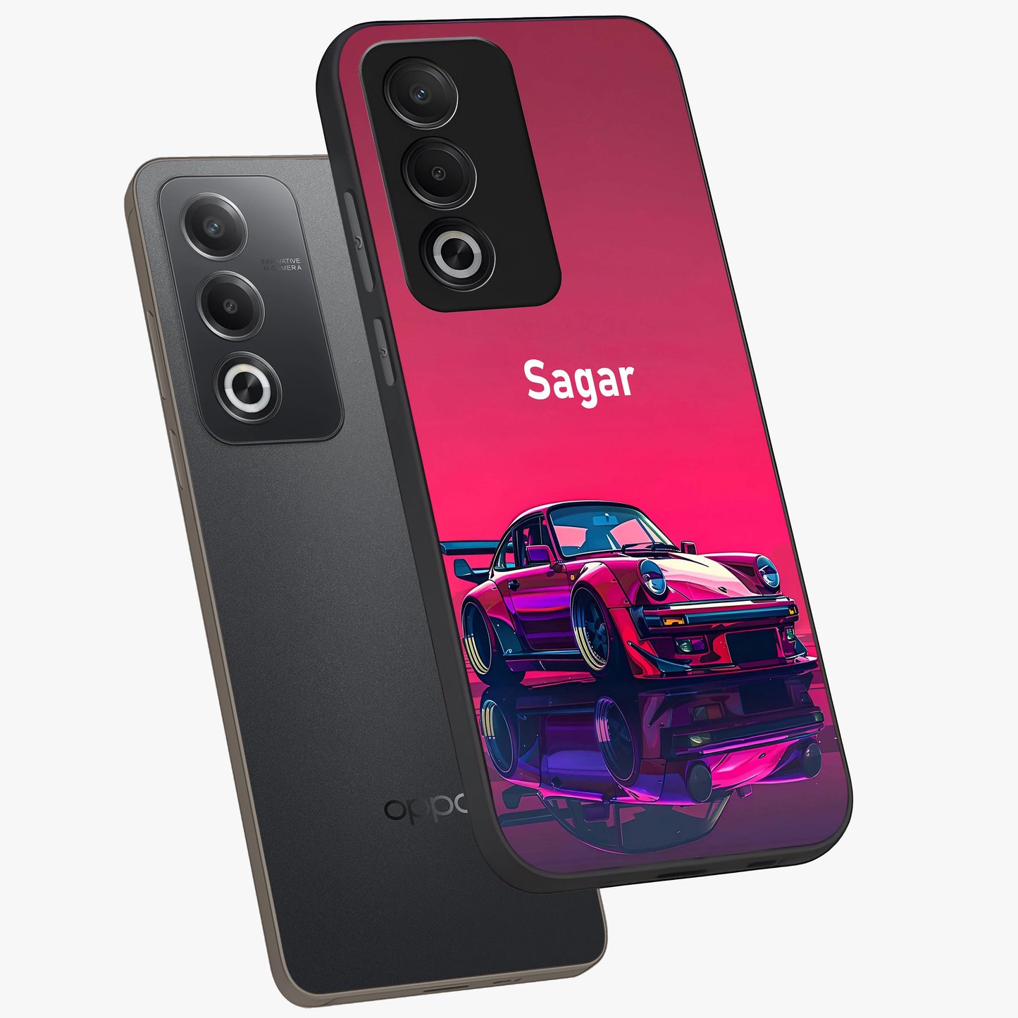 Neon Pink Porsche Glass Case displayed in angled mockup highlighting sleek neon pink car design with racing aesthetic.
