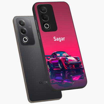 Neon Pink Porsche Glass Case displayed in angled mockup highlighting sleek neon pink car design with racing aesthetic.