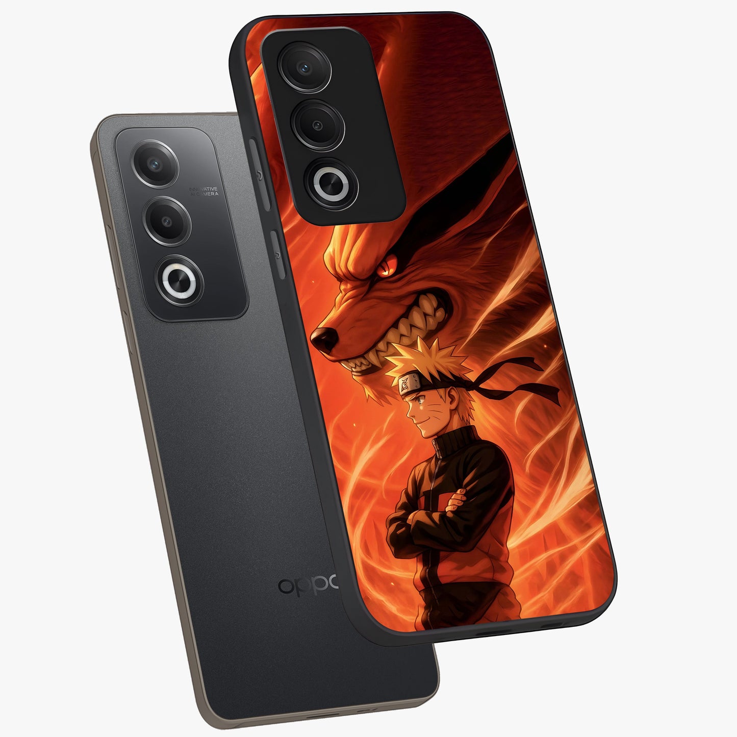 Nine Tails Legacy Glass Case displayed in angled mockup highlighting dynamic anime beast illustration with bold mystical aesthetic.