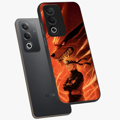 Nine Tails Legacy Glass Case displayed in angled mockup highlighting dynamic anime beast illustration with bold mystical aesthetic.