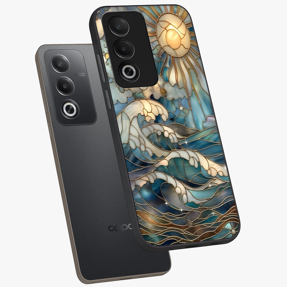 Oceanic Stained Printed Glass Case displayed in angled mockup highlighting colorful aquatic design with artistic aesthetic style.