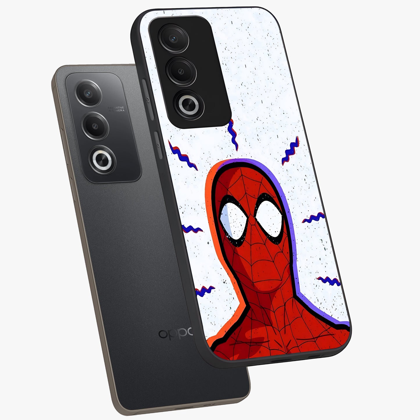 Omg Spiderman Glass Case displayed in angled mockup highlighting dynamic hero illustration with action comic aesthetic.