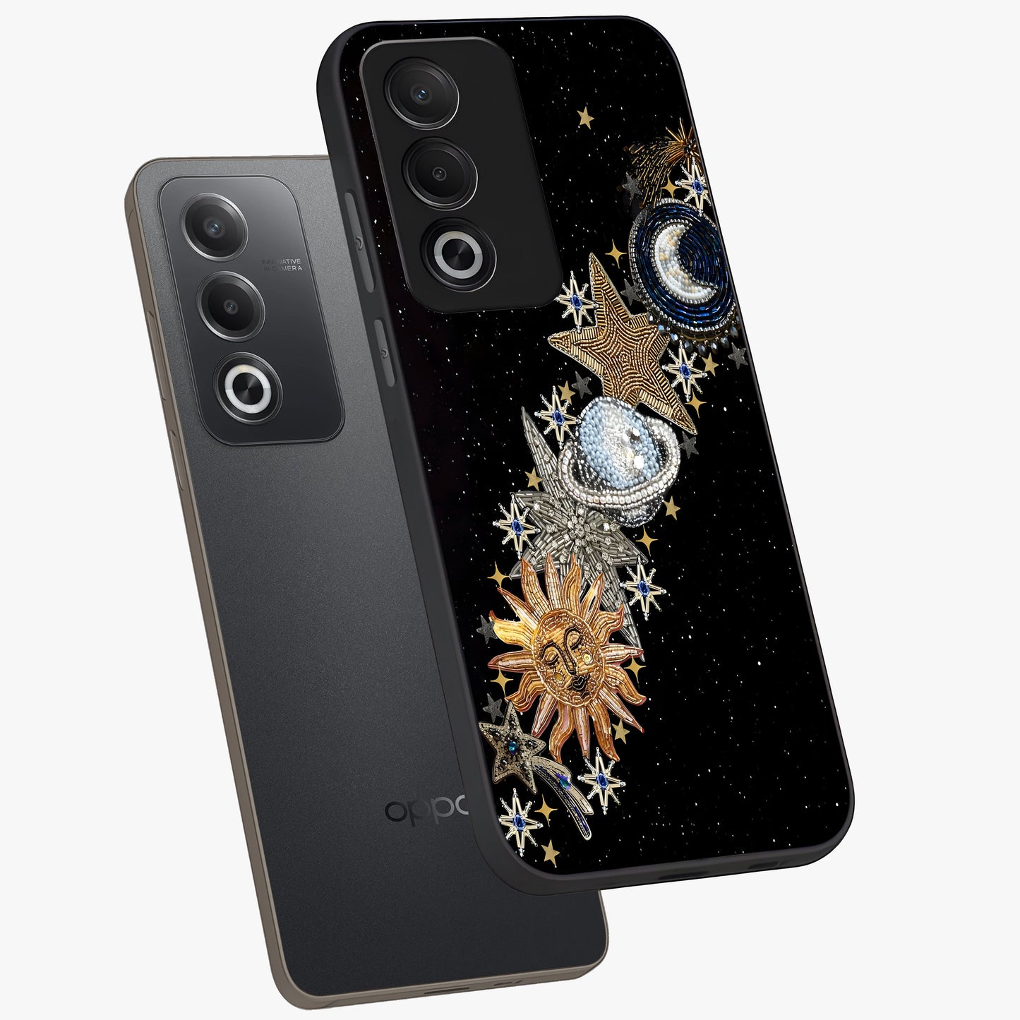 Pearls Universe Object Glass Case displayed in angled mockup highlighting celestial pearl design with dreamy aesthetic.